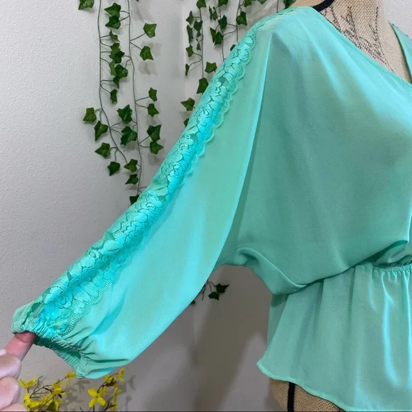Mint Green Sheer Long Sleeve Blouse w/ Rose Lace- size S - Picture 3 of 12